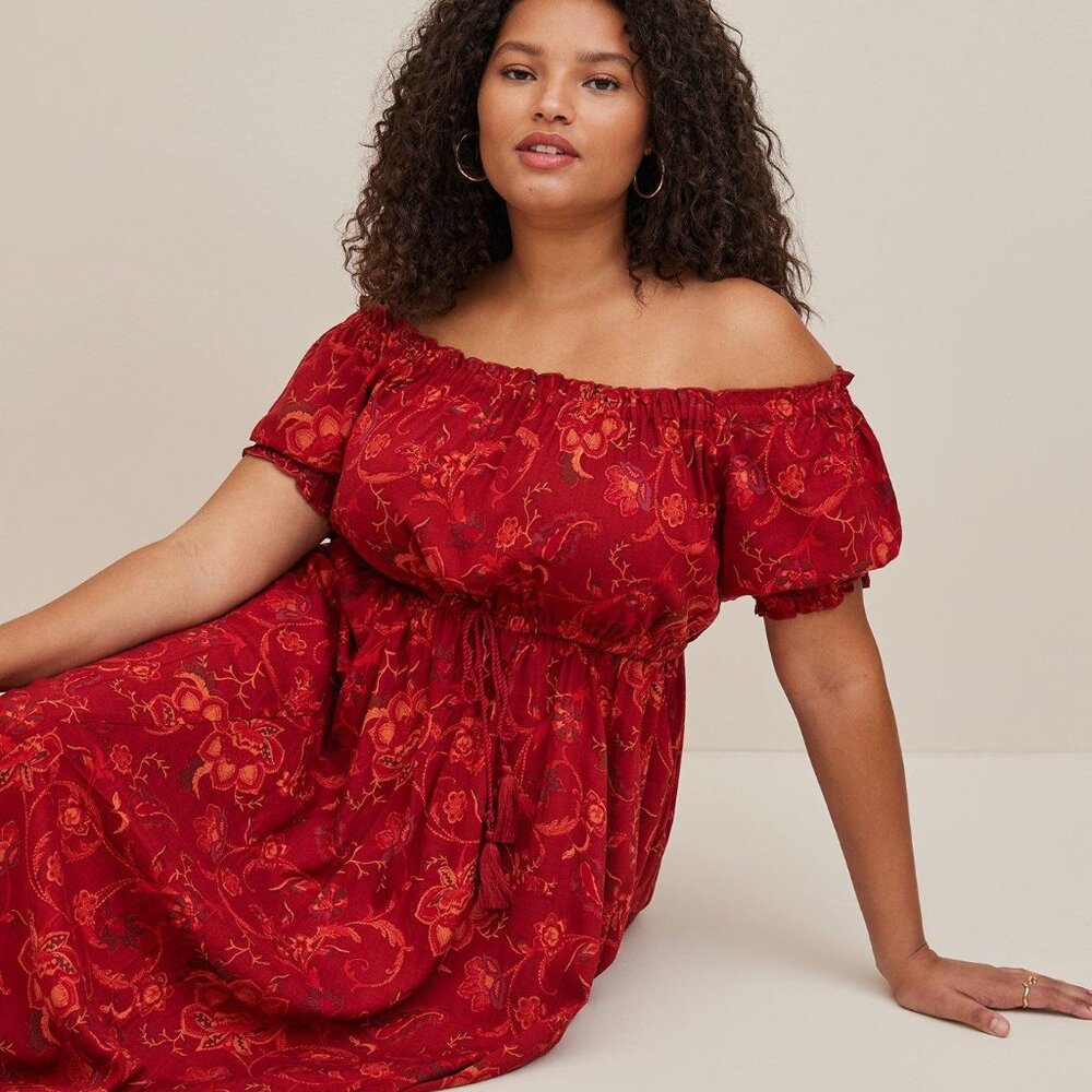 Torrid Midi Rayon Twill Off the Shoulder Peasant Dress 6 6X Red Floral Bohemian